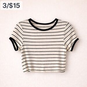 City Triangle Striped Crop Top Black White Ringer Tee M 3/$15